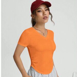 NEW Women's Solid Pocket Patched Orange V Neck Tee Sz M